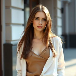 A 25-year-old Slavic woman standing in front of a building, dressed in modest clothing with a closed neckline, ensuring that her chest and any intimate or erotic body parts are not visible