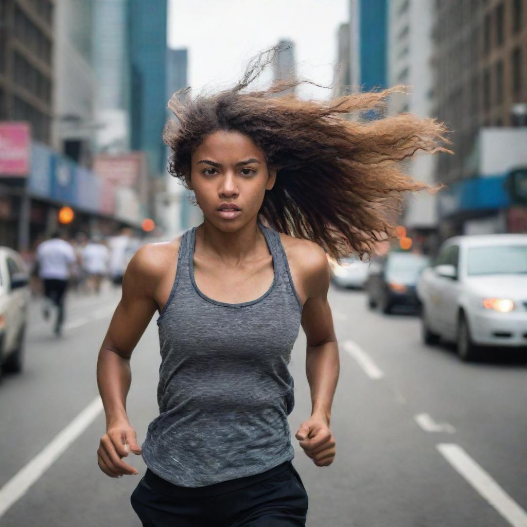 A dynamic image of a girl running hurriedly on a bustling city road, her hair streaming behind her, and cityscape visible in the background