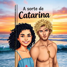 A book cover design for 'A Sorte de Catarina', featuring a girl with beautiful curly black hair, radiating a warm and adventurous spirit