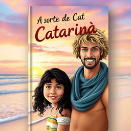 A book cover design for 'A Sorte de Catarina', featuring a girl with beautiful curly black hair, radiating a warm and adventurous spirit