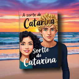 A book cover design for 'A Sorte de Catarina', featuring a girl with beautiful curly black hair, radiating a warm and adventurous spirit