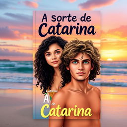 A book cover design for 'A Sorte de Catarina', featuring a girl with beautiful curly black hair, radiating a warm and adventurous spirit