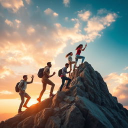 A dynamic image of diverse individuals climbing a mountain, symbolizing the journey of overcoming personal challenges