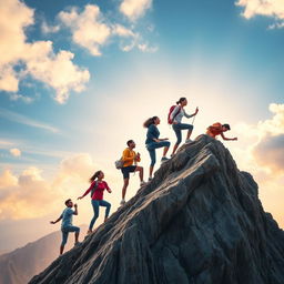 A dynamic image of diverse individuals climbing a mountain, symbolizing the journey of overcoming personal challenges