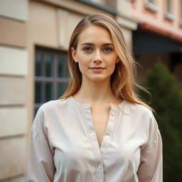 A 25-year-old woman with a Slavic appearance standing in front of a building, dressed in modest clothing that fully covers her chest with a closed neckline, ensuring that there are no visible intimate or erotic parts of her body