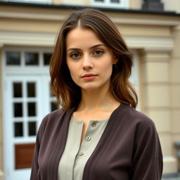 A 25-year-old woman with a Slavic appearance standing in front of a building, dressed in modest clothing that fully covers her chest with a closed neckline, ensuring that there are no visible intimate or erotic parts of her body