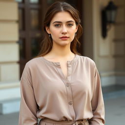 A 25-year-old woman with a Slavic appearance standing in front of a building, dressed in modest clothing that fully covers her chest with a closed neckline, ensuring that there are no visible intimate or erotic parts of her body