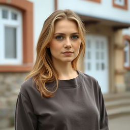 A 25-year-old woman with a Slavic appearance standing in front of a building, dressed in modest clothing that fully covers her chest with a closed neckline, ensuring that there are no visible intimate or erotic parts of her body