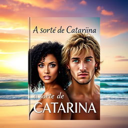 A captivating book cover design for 'A Sorte de Catarina', showcasing a woman with striking curly black hair, exuding confidence and allure