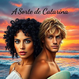 A captivating book cover design for 'A Sorte de Catarina', showcasing a woman with striking curly black hair, exuding confidence and allure