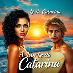 A captivating book cover design for 'A Sorte de Catarina', showcasing a woman with striking curly black hair, exuding confidence and allure