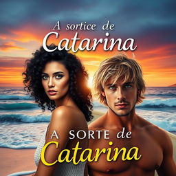 A captivating book cover design for 'A Sorte de Catarina', showcasing a woman with striking curly black hair, exuding confidence and allure