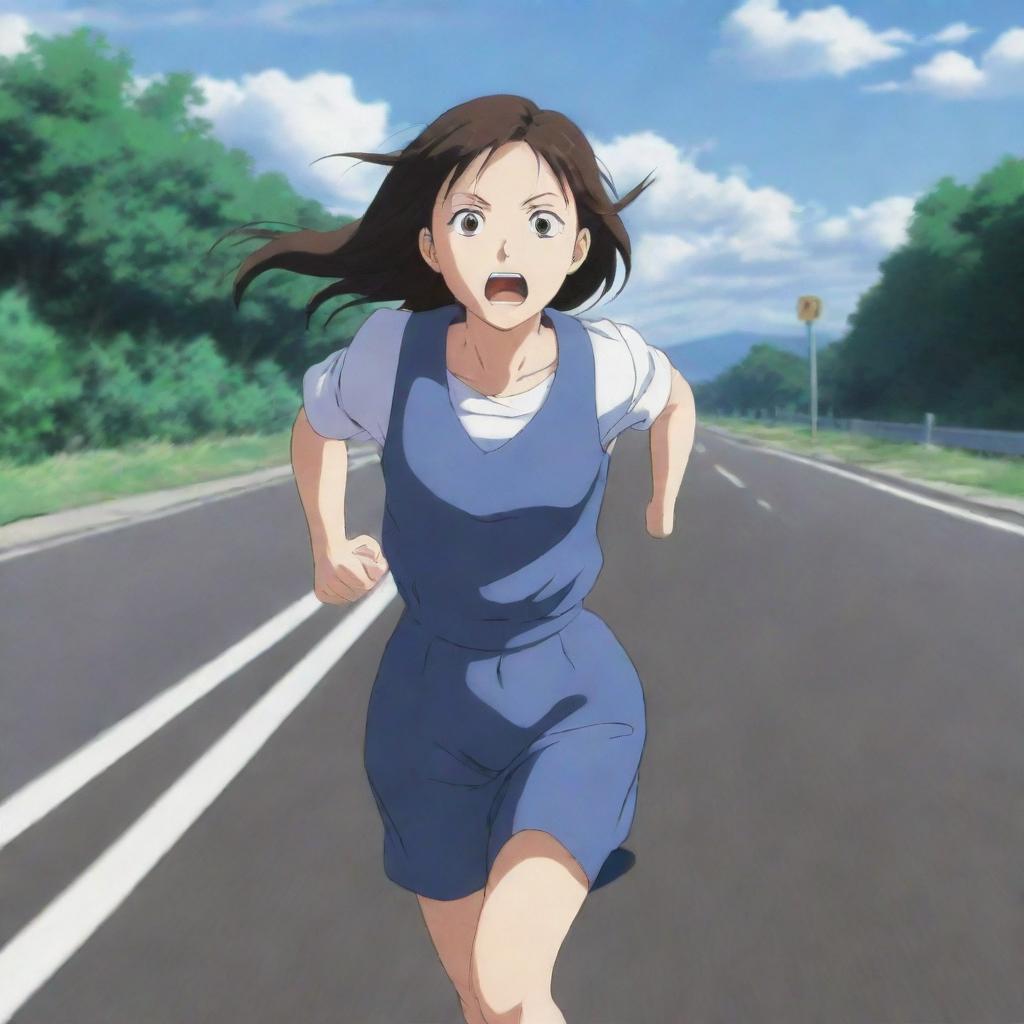 An anime style image of a girl running hurriedly on a road, her eyes wide with fear and anxiety, expressing she is late. Her movements and facial expression clearly show her urgency.