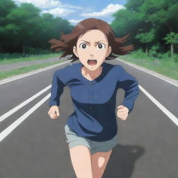 An anime style image of a girl running hurriedly on a road, her eyes wide with fear and anxiety, expressing she is late. Her movements and facial expression clearly show her urgency.