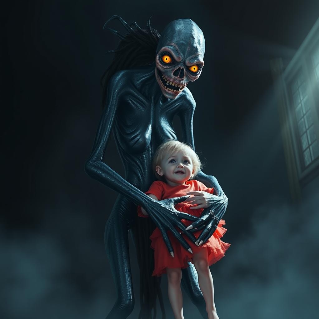 A tall, humanoid monster resembling a woman with elongated limbs and a distorted face, embracing a terrified child