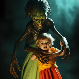 A tall, humanoid monster resembling a woman with elongated limbs and a distorted face, embracing a terrified child