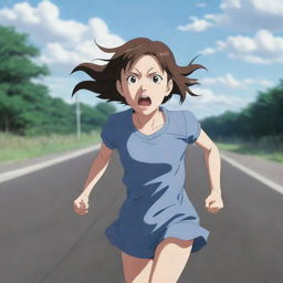 An anime style image of a girl running hurriedly on a road, her eyes wide with fear and anxiety, expressing she is late. Her movements and facial expression clearly show her urgency.