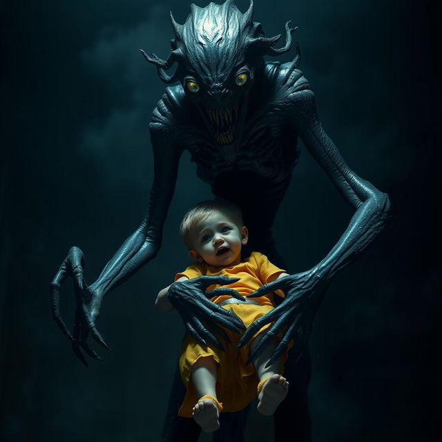 A tall, humanoid monster resembling a woman with elongated limbs and a distorted face, embracing a terrified child