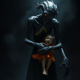 A tall, humanoid monster resembling a woman with elongated limbs and a distorted face, embracing a terrified child