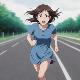 An anime style image of a girl running hurriedly on a road, her eyes wide with fear and anxiety, expressing she is late. Her movements and facial expression clearly show her urgency.