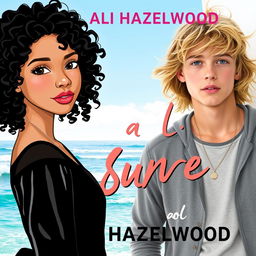 A stylish and compelling book cover in the vein of Ali Hazelwood's novels, featuring a girl with luscious black curly hair, portrayed in an engaging and relatable manner