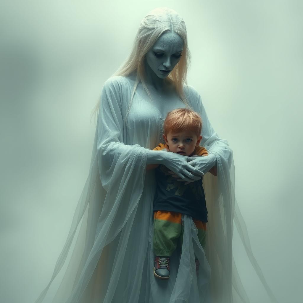 A tall, humanoid spirit resembling a woman, with ethereal features and flowing, translucent garments, embracing a terrified child