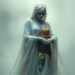 A tall, humanoid spirit resembling a woman, with ethereal features and flowing, translucent garments, embracing a terrified child