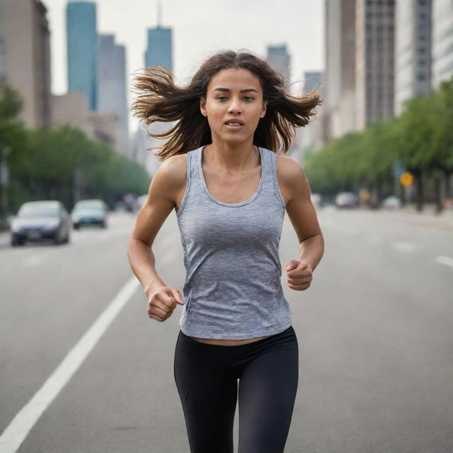 An image of a girl running at a moderate pace on a city road, her expression focused but relaxed, with a calm cityscape in the background.