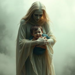 A tall, humanoid spirit resembling a woman, with ethereal features and flowing, translucent garments, embracing a terrified child