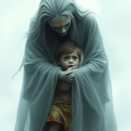 A tall, humanoid spirit resembling a woman, with ethereal features and flowing, translucent garments, embracing a terrified child