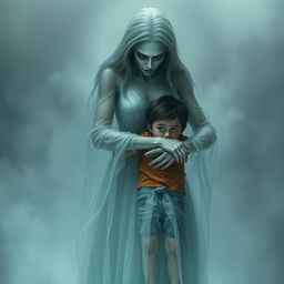 A tall, humanoid spirit resembling a woman, with ethereal features and flowing, translucent garments, embracing a terrified child