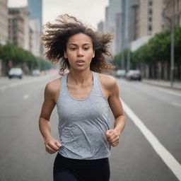 An image of a girl running at a moderate pace on a city road, her expression focused but relaxed, with a calm cityscape in the background.