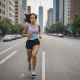 An image of a girl running at a moderate pace on a city road, her expression focused but relaxed, with a calm cityscape in the background.