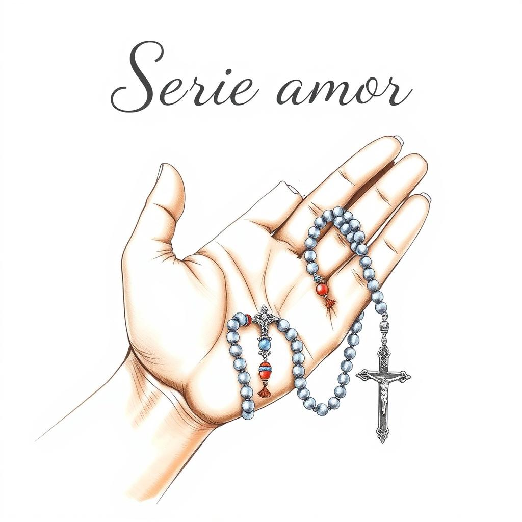 A beautifully illustrated drawing of a hand holding a rosary (Terço), with elegant detailing on the beads and crucifix