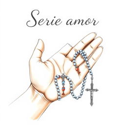 A beautifully illustrated drawing of a hand holding a rosary (Terço), with elegant detailing on the beads and crucifix