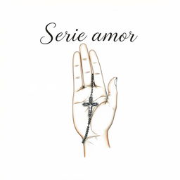 A beautifully illustrated drawing of a hand holding a rosary (Terço), with elegant detailing on the beads and crucifix