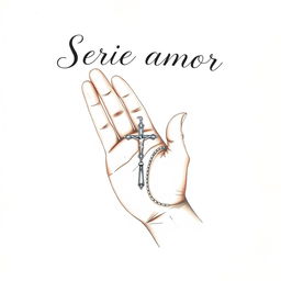 A beautifully illustrated drawing of a hand holding a rosary (Terço), with elegant detailing on the beads and crucifix