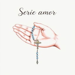 A beautifully illustrated drawing of a hand holding a rosary (Terço), with elegant detailing on the beads and crucifix