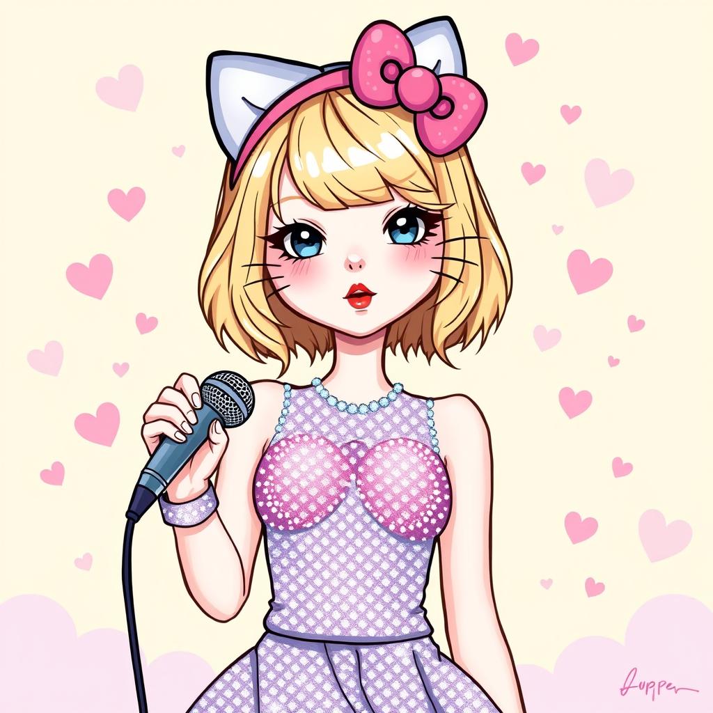 A whimsical illustration of Taylor Swift as Hello Kitty, combining her iconic style with the adorable features of Hello Kitty