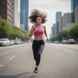 An image of a girl running at a moderate pace on a city road, her expression focused but relaxed, with a calm cityscape in the background.