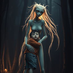 A tall and slender humanoid creature, resembling a woman with elongated limbs and a striking, enigmatic appearance, embracing a terrified child