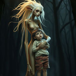 A tall and slender humanoid creature, resembling a woman with elongated limbs and a striking, enigmatic appearance, embracing a terrified child