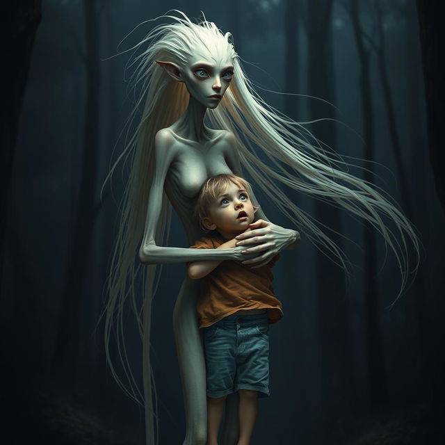 A tall and slender humanoid creature, resembling a woman with elongated limbs and a striking, enigmatic appearance, embracing a terrified child