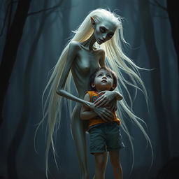 A tall and slender humanoid creature, resembling a woman with elongated limbs and a striking, enigmatic appearance, embracing a terrified child