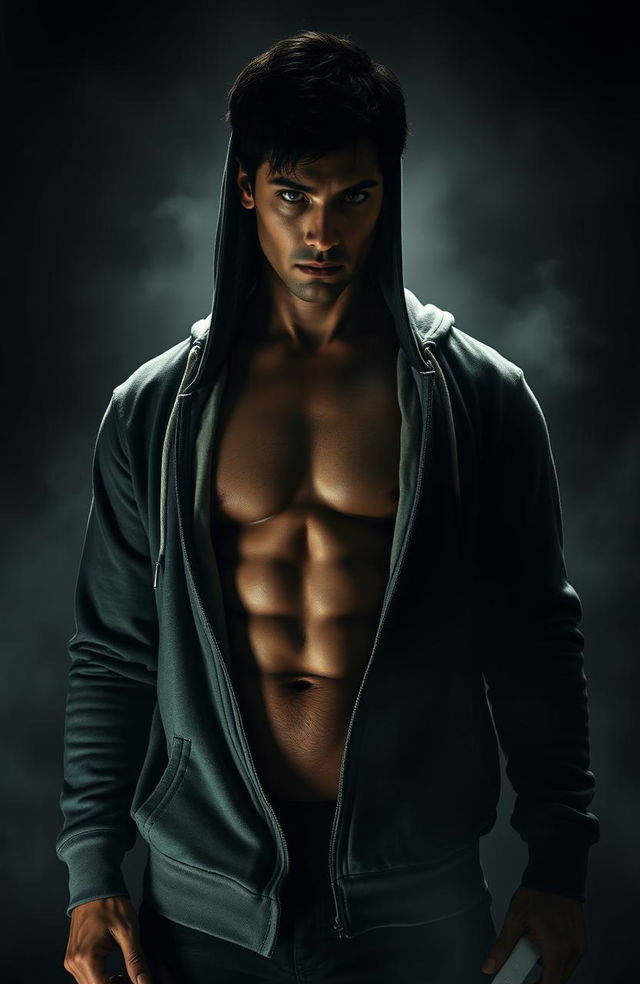 A suspenseful scene depicting a menacing figure representing Graves, a 6' tall man with dark hair and dark eyes, slightly muscular build, seen from the waist up