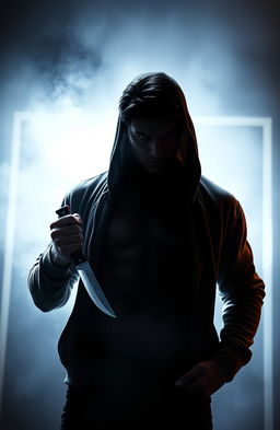 A suspenseful scene depicting a menacing figure representing Graves, a 6' tall man with dark hair and dark eyes, slightly muscular build, seen from the waist up