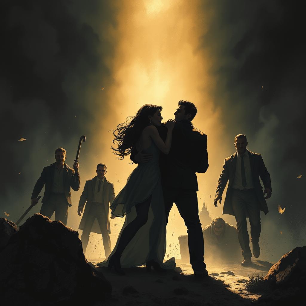 An intense and darkly suspenseful illustration capturing the emotional turmoil surrounding Brittany and the men defending her from a looming threat