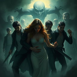 An intense and darkly suspenseful illustration capturing the emotional turmoil surrounding Brittany and the men defending her from a looming threat