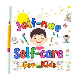 A vibrant and fun book cover for a self-care journal aimed at kids, featuring a smiling cartoon child at the center