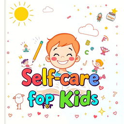 A vibrant and fun book cover for a self-care journal aimed at kids, featuring a smiling cartoon child at the center